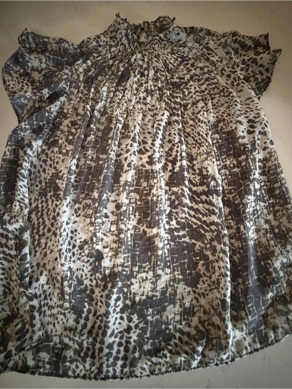 Express Smocked-Neck Animal Print Tunic in Black & Cream
